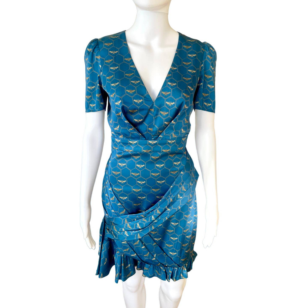 BeBe Honeycomb Bee Print Satin Dress Teal